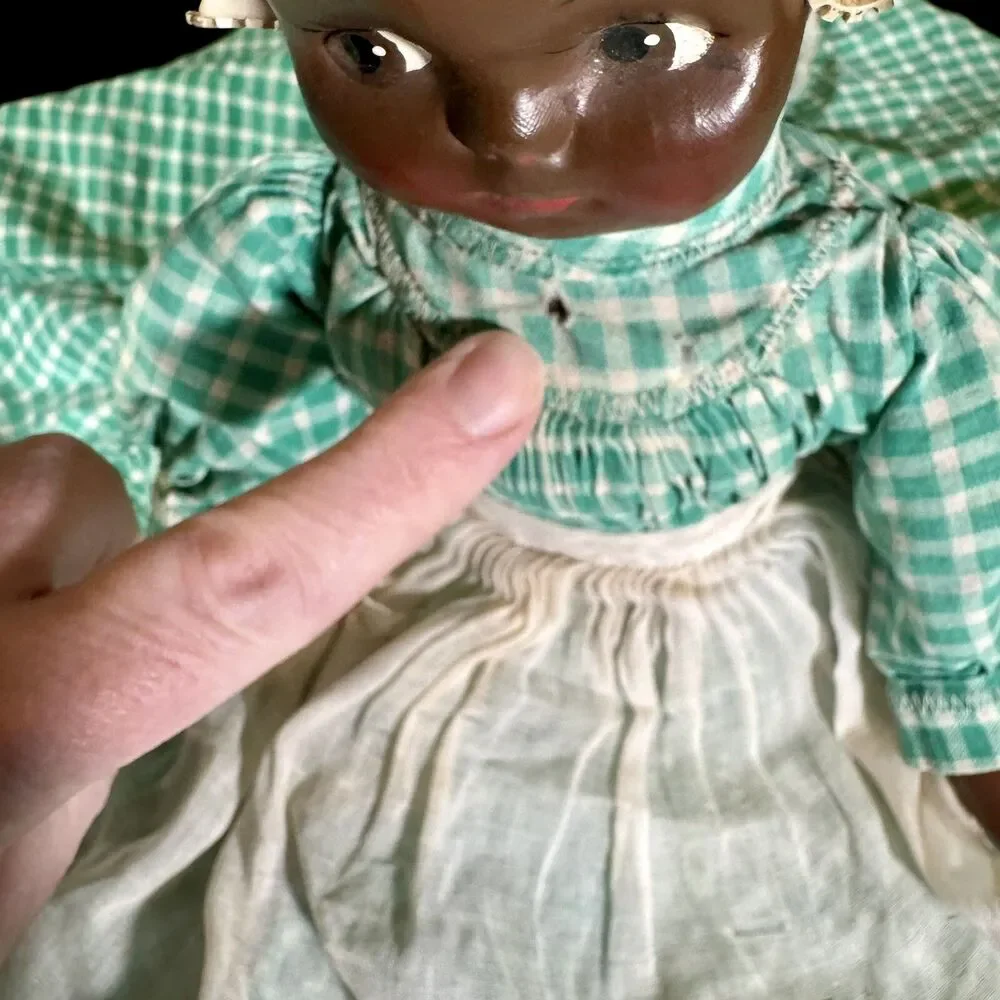 Vintage Handmade African American Doll Folk Art Decor Green Gingham Dress